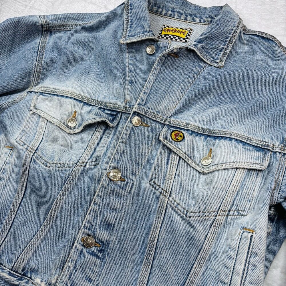 Vtg Energie Sixty T Denim Jacket Men's L Made Italy Blue Distressed 100% Cotton